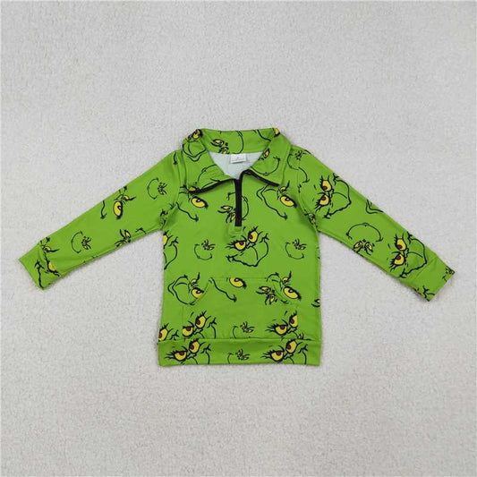 X107  GT1170 Grinch Smiley Face Green Zipper Long-Sleeved Top