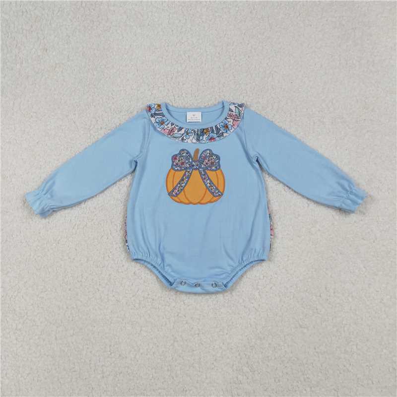 X108  LR2441 Embroidered floral and bow pattern pumpkin blue long-sleeved bodysuit