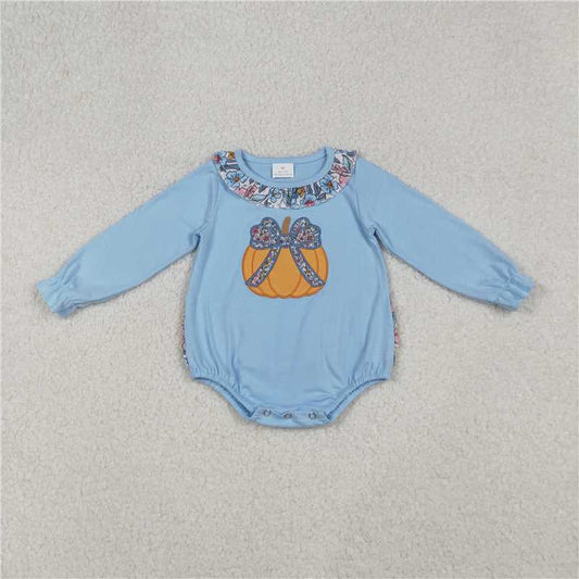 X108  LR2441 Embroidered floral and bow pattern pumpkin blue long-sleeved bodysuit