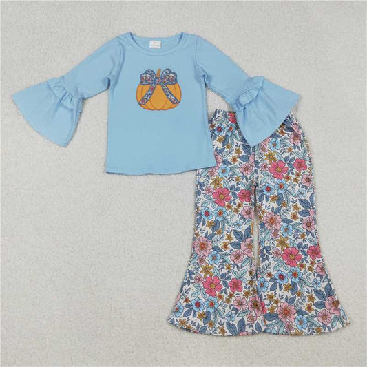 X108 GLP2596 Embroidered floral and bow pattern pumpkin blue long-sleeved pantsuit