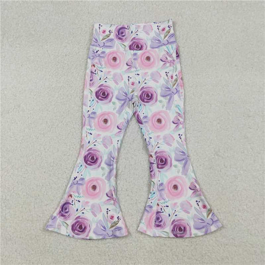 X109 P0774 White yoga pants with pink and purple floral and bow pattern