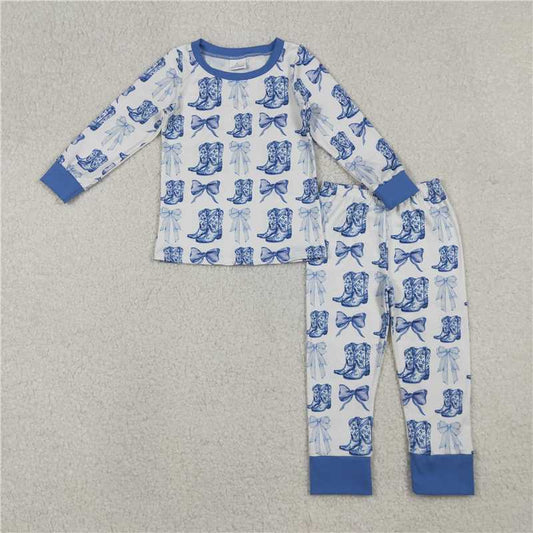 X106  GLP2583 Blue and white long-sleeved and long-pants pajama set with a boot bow pattern