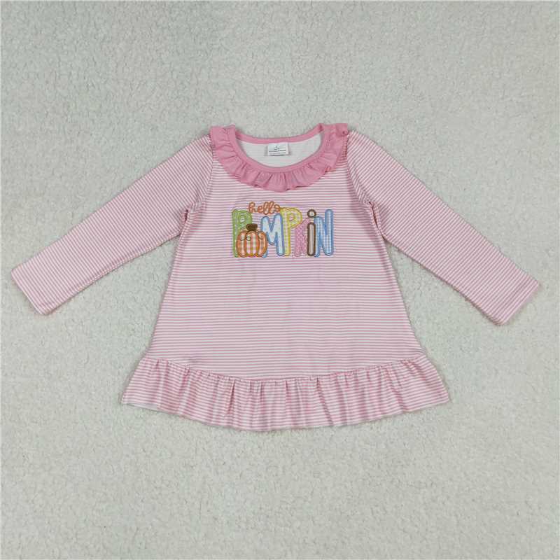 X12.3  GT1183 Embroidered Hello Pumpkin Striped Pink Lace Long-Sleeved Top