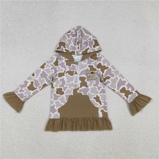 X12.3  GT1134 Embroidered Dalmatian Camouflage Army Green Pocket Lace Zipper Hooded Long-Sleeve Top