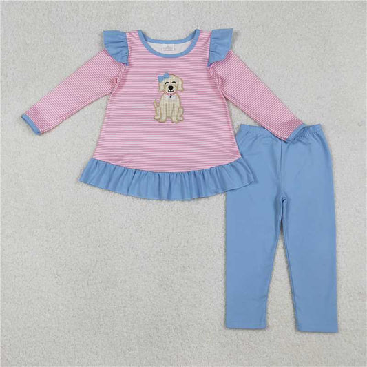 X106  GLP2725 Pink and white striped long-sleeved blue trouser suit with embroidered bow and puppy lace