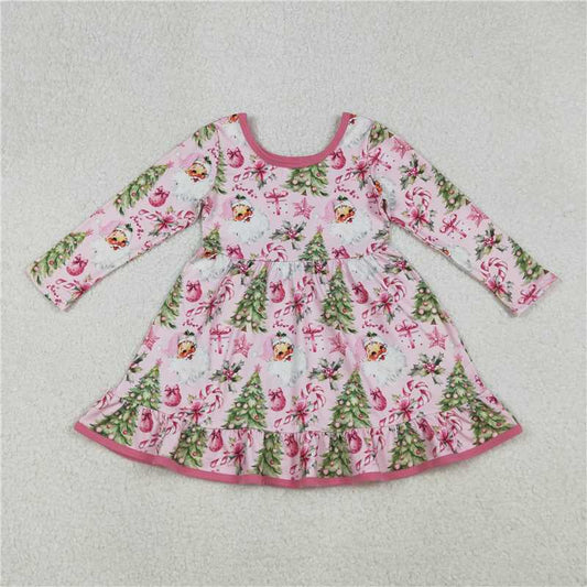 X107  GLD1252 Santa Claus Tree Cane Gift Pink Long-Sleeved Dress
