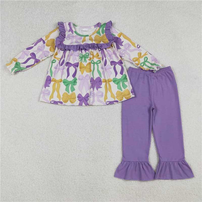 X106  GLP2822 Carnival bow pattern purple lace long-sleeved trousers set