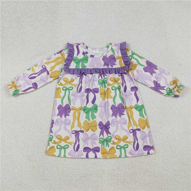 X107  GLD1295 Carnival bow pattern purple lace long-sleeved dress
