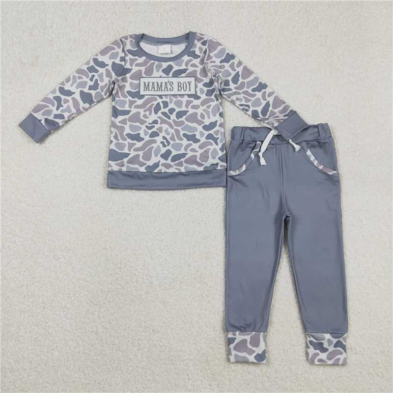 X12.10 BLP1335 Embroidered Mama's Boy Gray-Blue Camouflage Long-Sleeved Pants Set