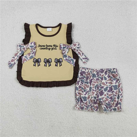 X12.6  GSSO2730 Embroidered Jesus Loves This Country Girl Letter Camouflage Bow Pattern Brown Lace Sleeveless Shorts Set