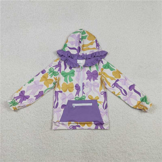 X12.3  GT1222 Carnival Bow Pattern Purple Zipper Pocket Lace Hooded Long-Sleeved Top