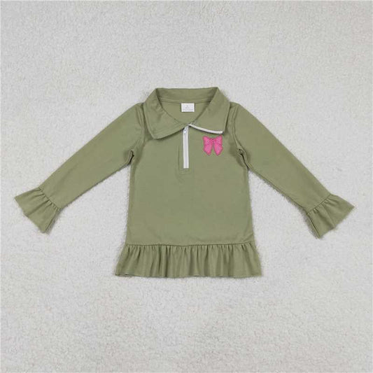X12.4 Embroidered Rose Red Bow Pattern Army Green Lace Zipper Long-Sleeved Top