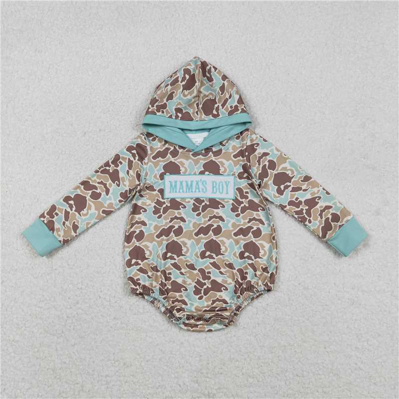 x12.12 LR2795 Embroidered Mama's Boy Blue-Green-Brown Camouflage Hooded Long-Sleeved Jumpsuit