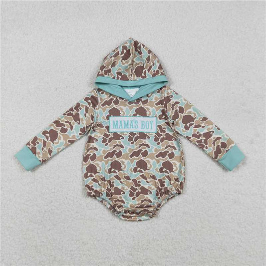 x12.12 LR2795 Embroidered Mama's Boy Blue-Green-Brown Camouflage Hooded Long-Sleeved Jumpsuit