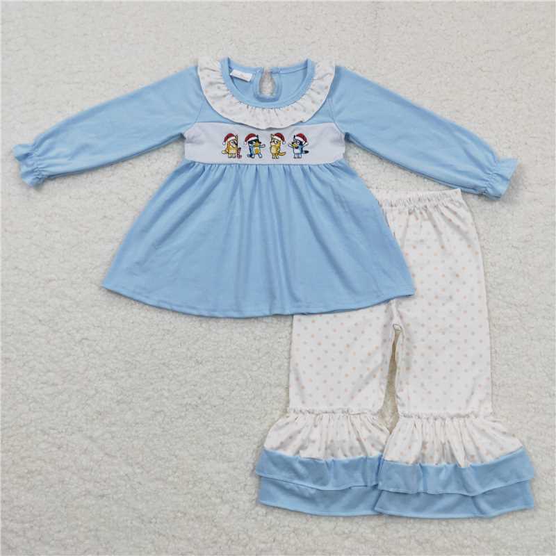 Embroidery blue dogs suit baby girls outfits winter christmas sets