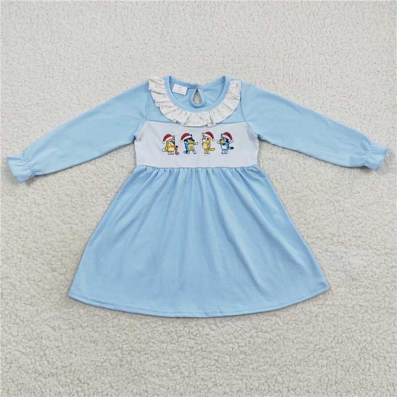 Embroidery blue dogs skirt baby girls dress winter christmas gown