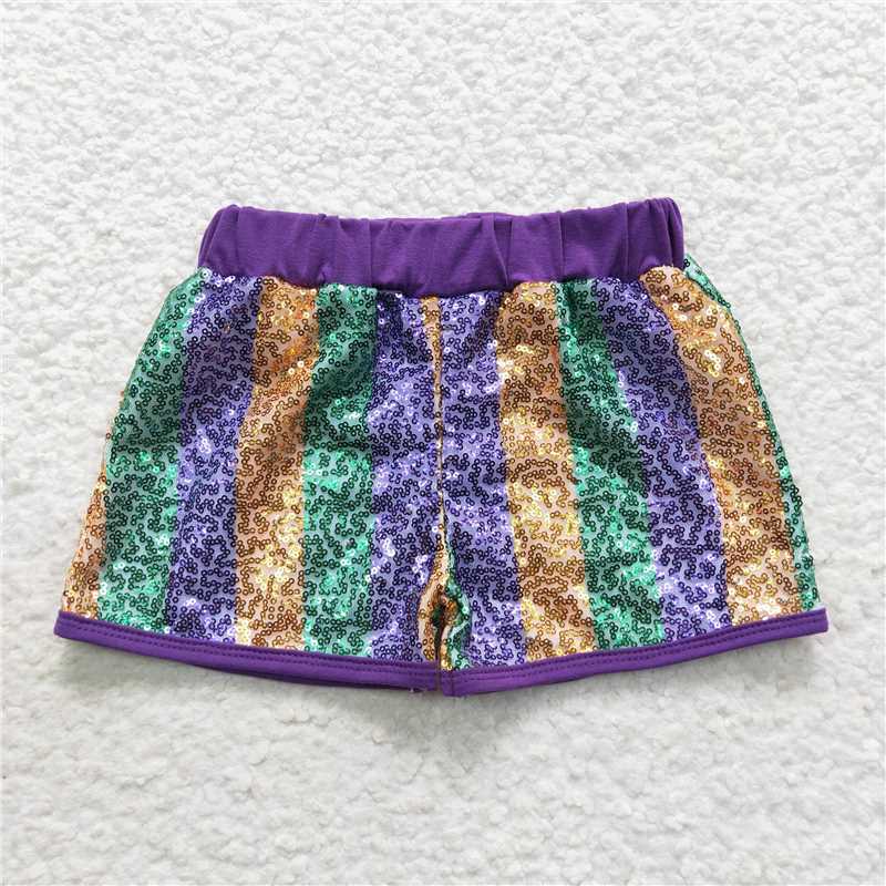 Gold green and Purple striped sequins shorts kids clothes