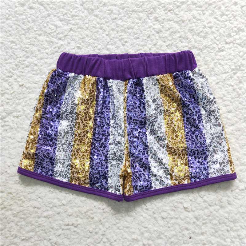 Gold silver and Purple striped sequins shorts kids clothes