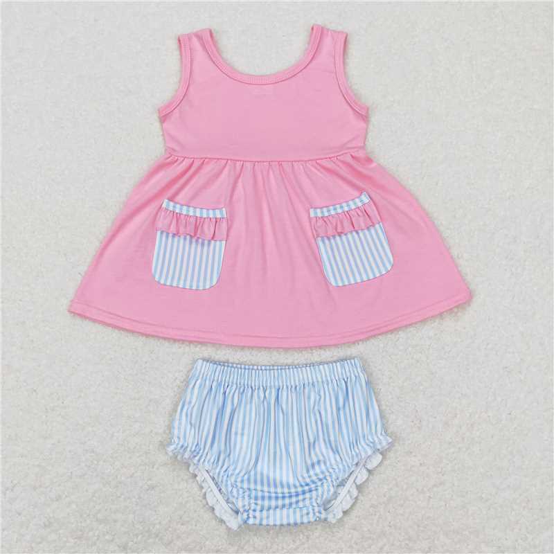 GBO0226 Blue and white striped lace pocket sleeveless top briefs set