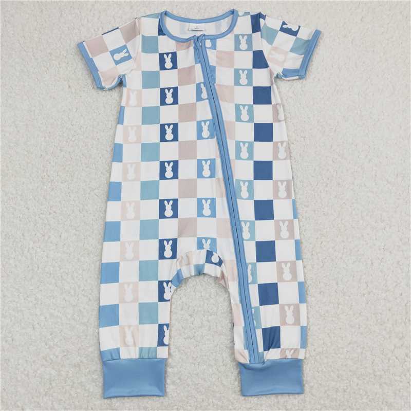 SR1013 Rabbit Plaid Blue and White Zip Short Sleeve Jumpsuit