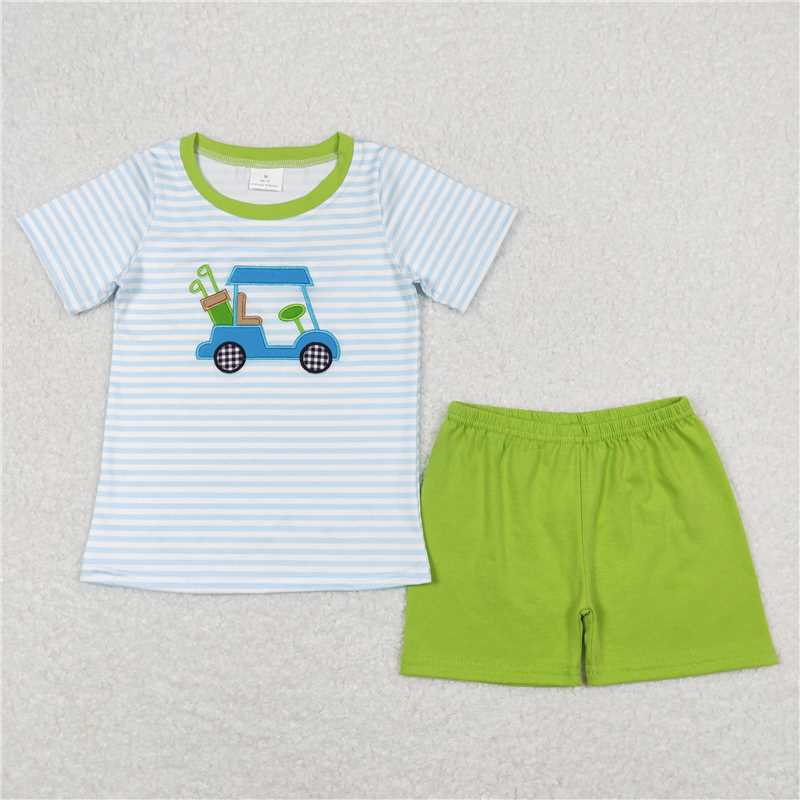 BSSO0423 Embroidered stars and flags puppy stroller blue short-sleeved red and white plaid shorts suit