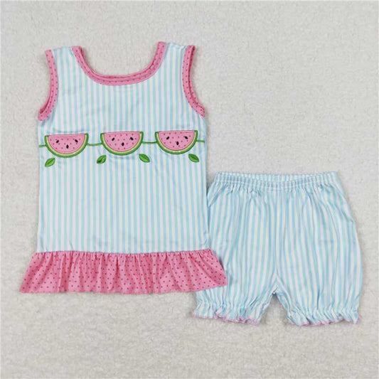 GSSO0398 Embroidered watermelon blue and white striped pink lace sleeveless shorts suit