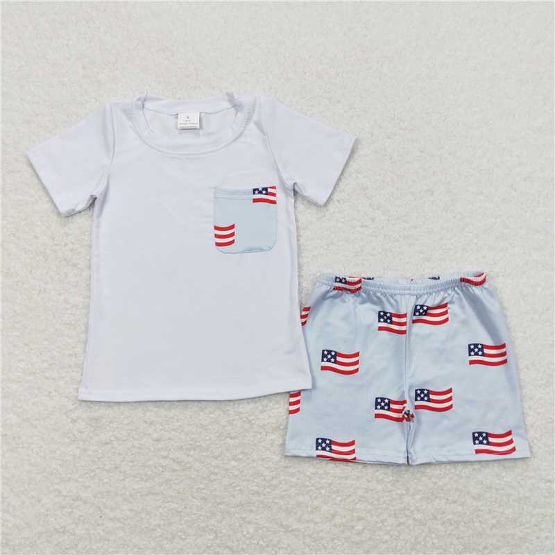 BSSO0642 Flag Pocket White Short Sleeve Blue Shorts Set