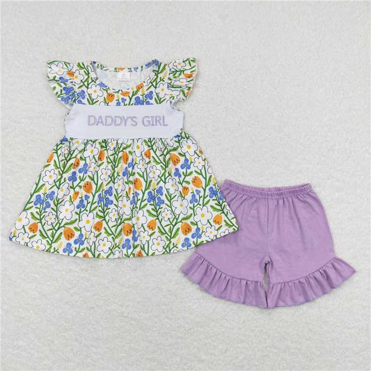 GSSO0557 daddy's gir embroidered L letter flower flying sleeve purple shorts suit