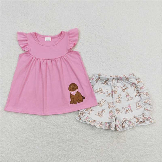 GSSO0581 Embroidered puppy pink short sleeve white shorts suit