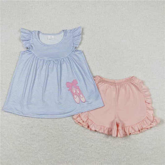 GSSO0582 Embroidered bow ballet shoes blue striped flying sleeves pink shorts suit