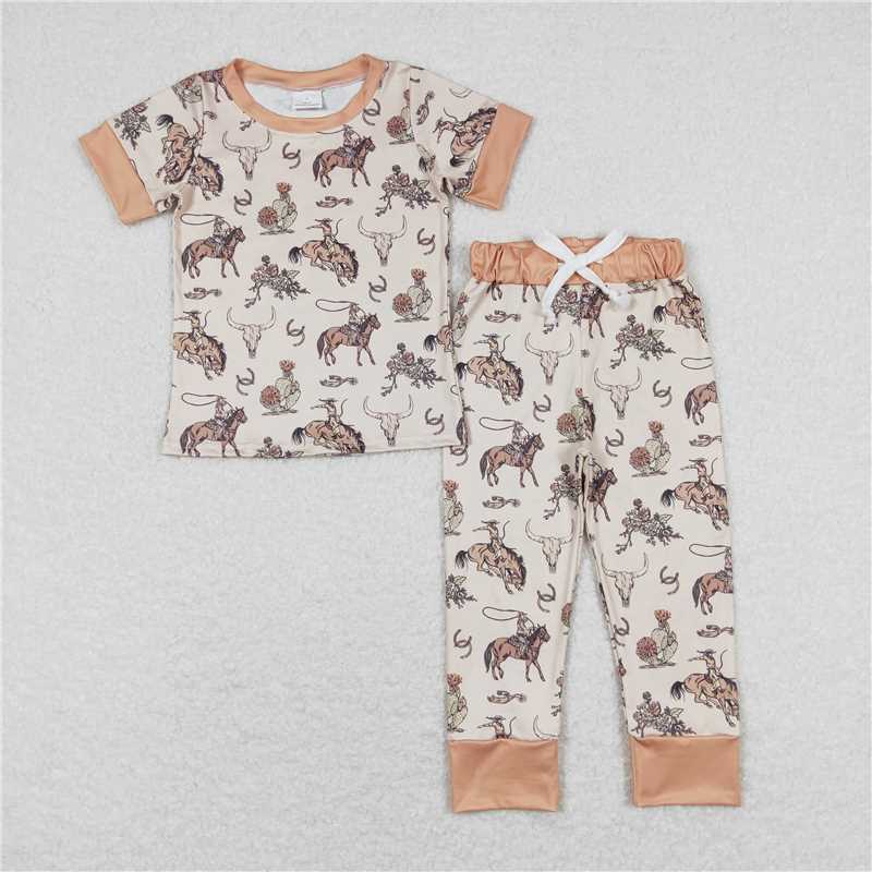 BSPO0344 Horseback Riding Alpine Cow Head Light Brown Short Sleeve Long Pants Pajama Set