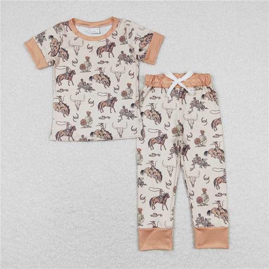 BSPO0344 Horseback Riding Alpine Cow Head Light Brown Short Sleeve Long Pants Pajama Set