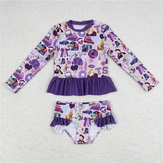 0294 taylor swift rainbow purple lace long-sleeved swimsuit suit