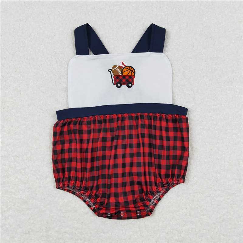 SR0753 Embroidery Basketball Baseball Football Cart Navy Blue Edge Red and Black Plaid Vest Jumpsuit