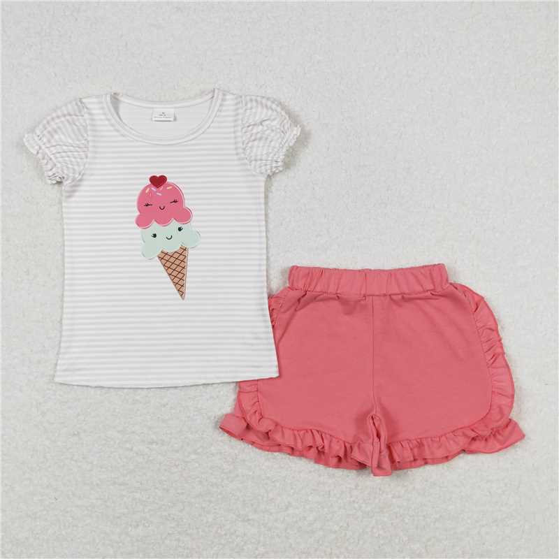 GSSO0579 Ice cream striped short-sleeved rose red shorts suit