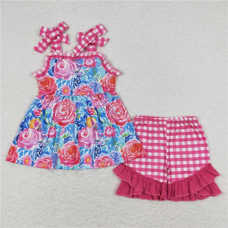 GSSO0700 Floral rose red plaid lace suspender shorts suit