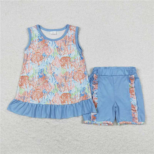 GSSO0831 Seagrass Pattern Blue Sleeveless Shorts Set