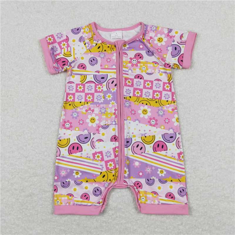 SR0968 Smiley flower pink and purple zipper short-sleeved jumpsuit