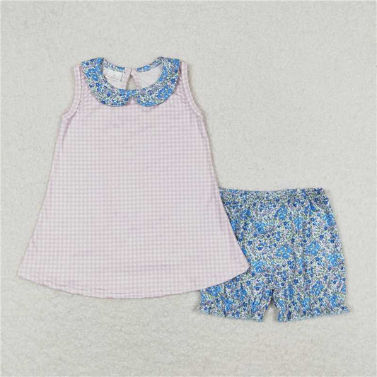 GSSO0670 Floral floral doll collar pink and white plaid sleeveless shorts suit