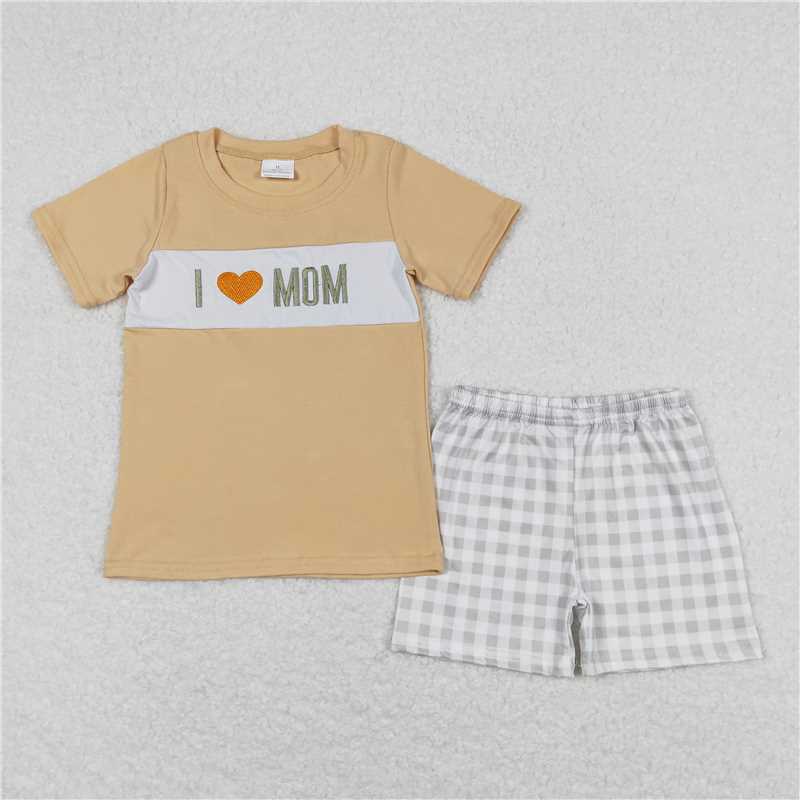 BSSO0646 I love mom embroidered short sleeve green plaid shorts suit