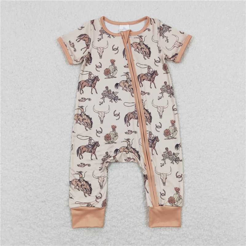 SR1220 Horseback Riding Alpine Cow Head Light Brown Zipper Short Sleeve Jumpsuit