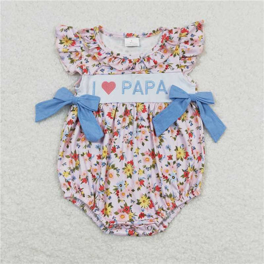 SR1162 I love papa embroidered flower blue bow pink vest jumpsuit