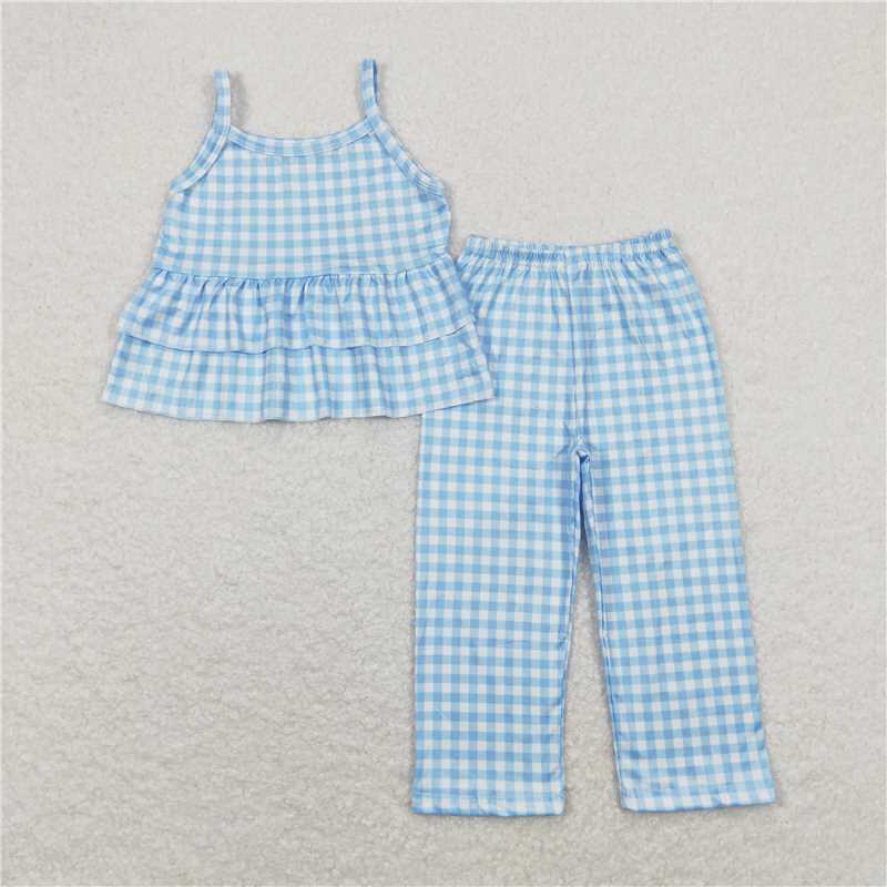 GSPO1378 Blue and white plaid lace suspender trousers suit