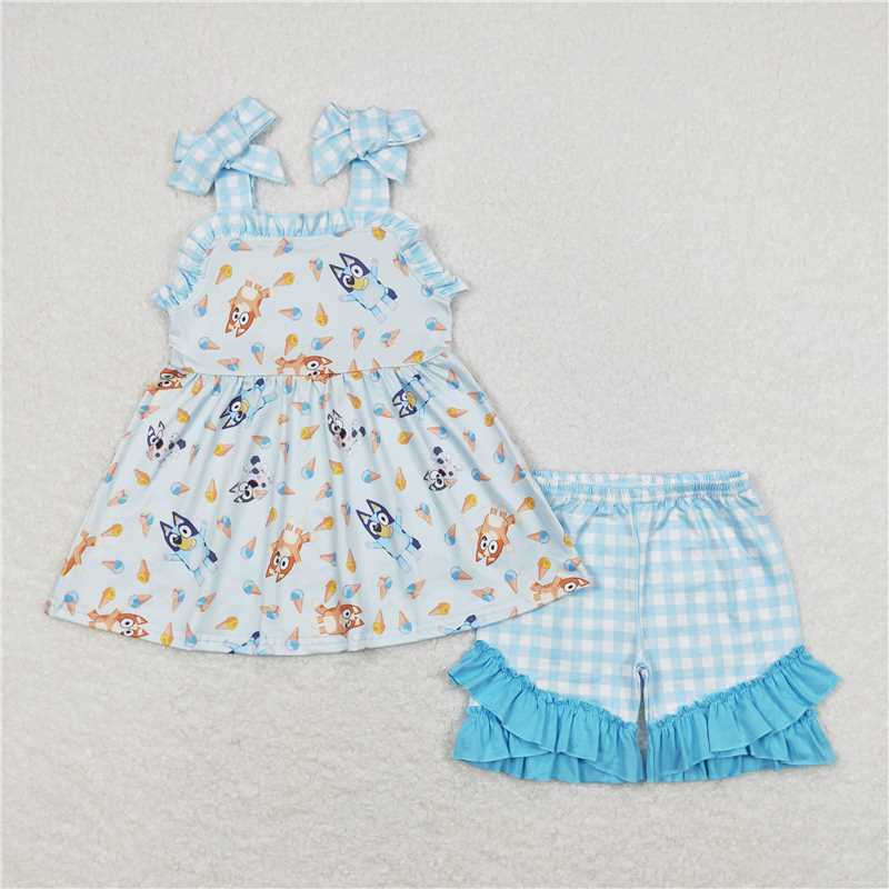 GSSO0683 bluey ice cream blue plaid lace bow suspender shorts suit