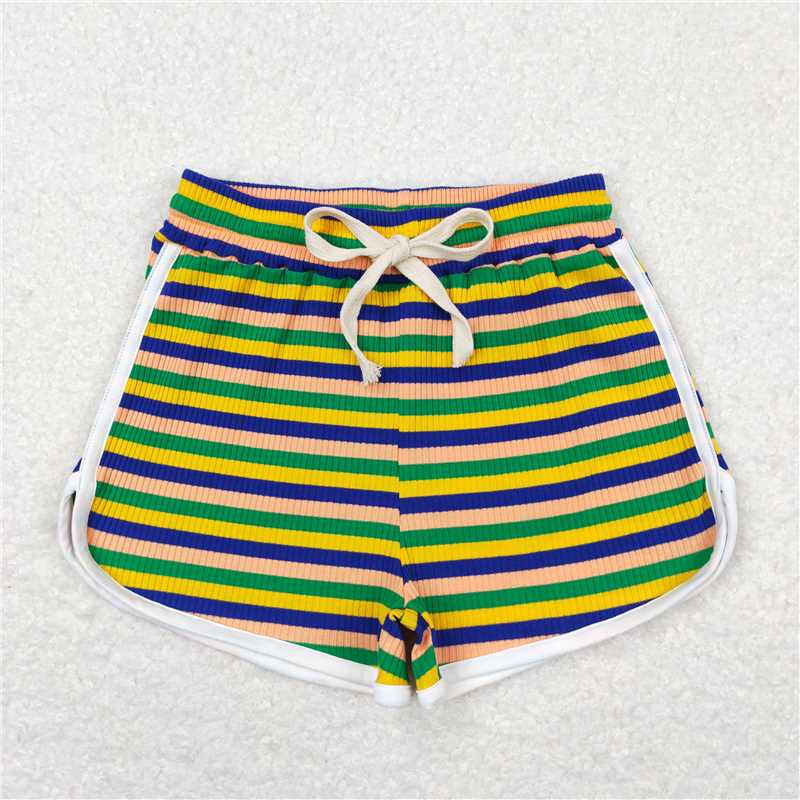 SS0339 Green, yellow, blue and orange colored thick striped shorts