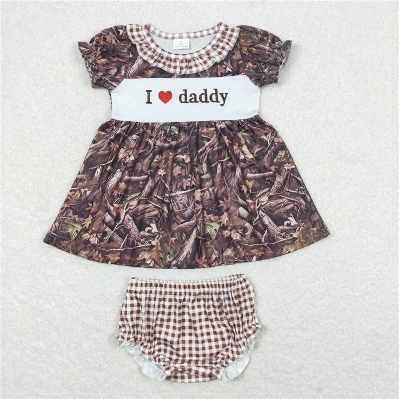 GBO0320 I love daddy embroidered letters brown plaid lace branches and leaves short-sleeved briefs suit