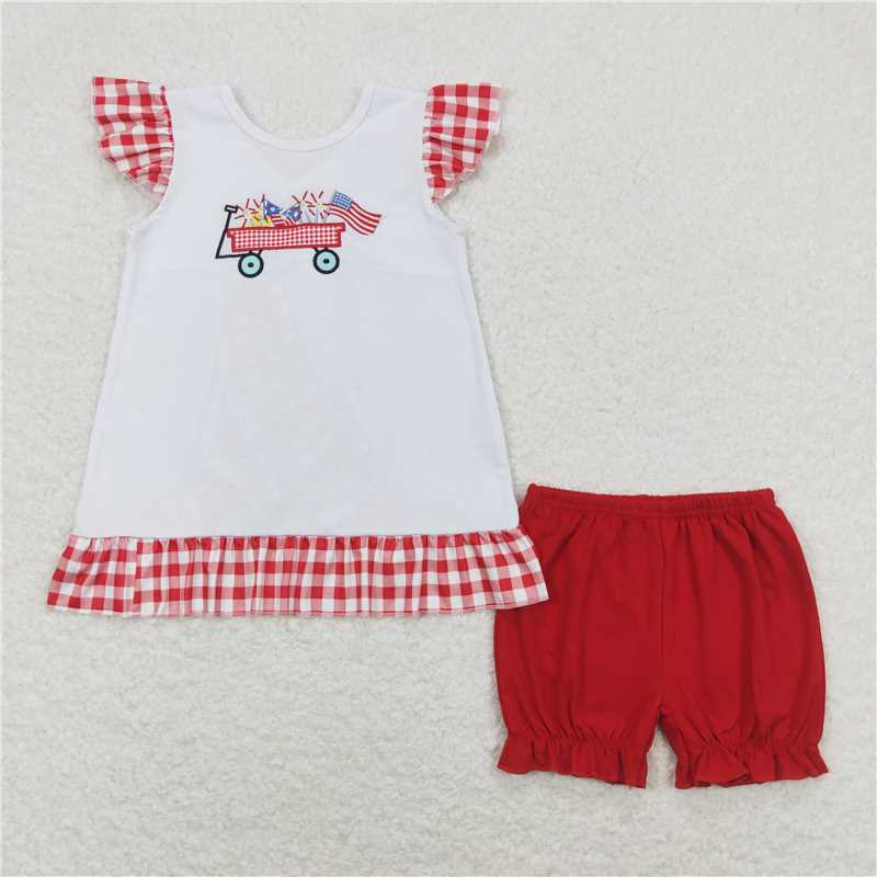 GSSO0662 Embroidery Fireworks Flag Trolley Red Plaid Lace Flying Sleeve Shorts Suit