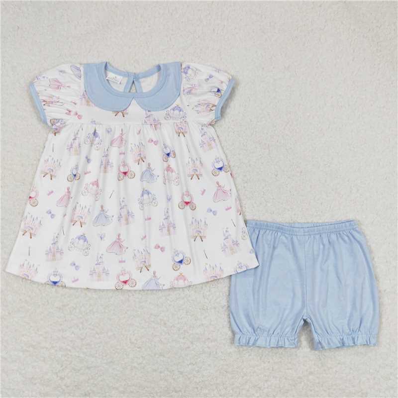 GSSO1046 Disney Princess Castle Blue Doll Collar White Short Sleeve Shorts Set