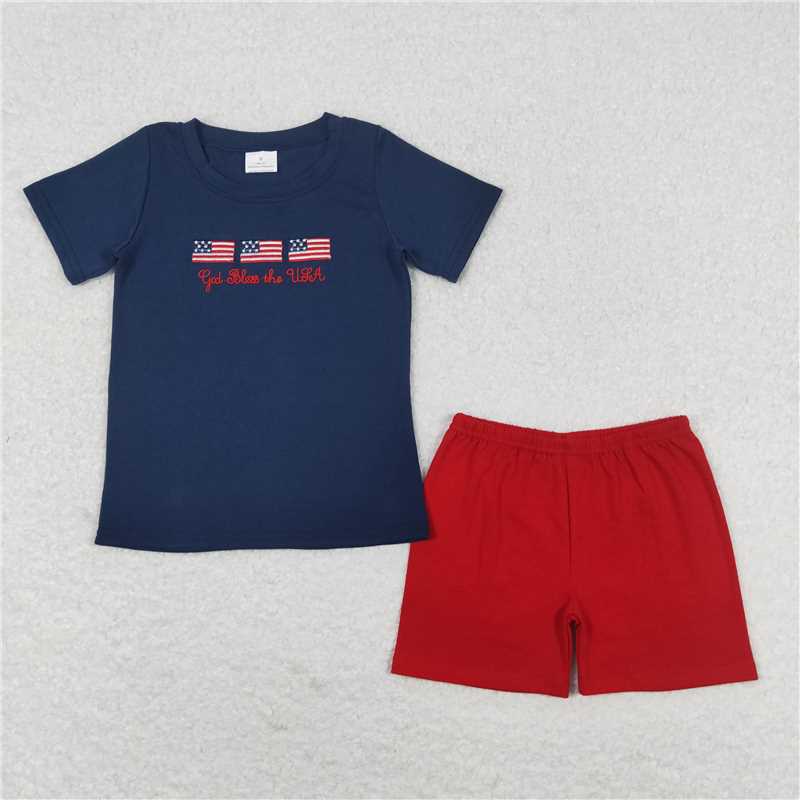 BSSO0713 god bless embroidered national flag navy blue short sleeve red shorts suit