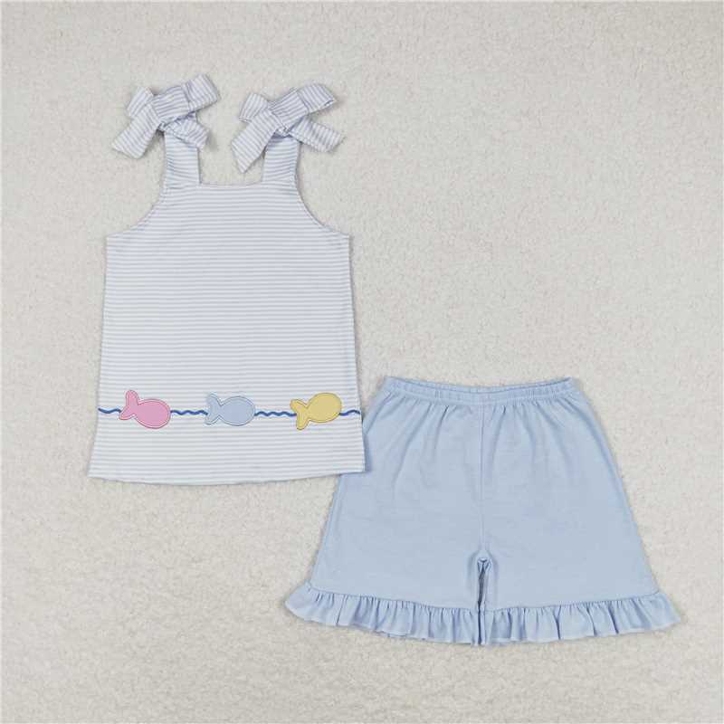 GSSO0809 Embroidered fish striped suspender blue shorts suit